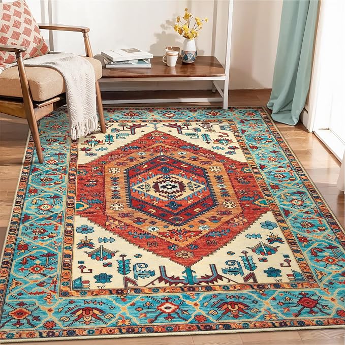 SERISSA Boho Area Rug 5x7 Orange, Washable Large Rugs