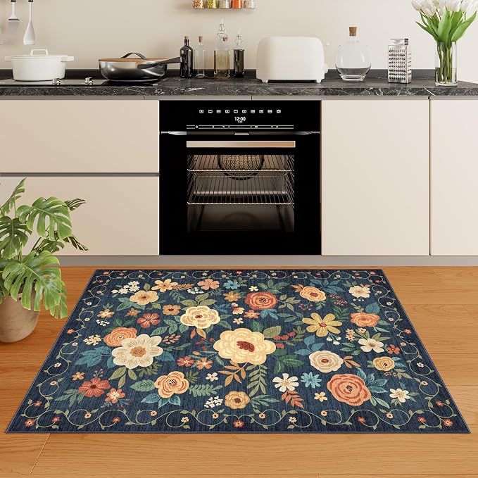 DUKINO 3x4 Area Rug, Lightweight Non Slip Washable Floral Rug, Indoor Low Pile