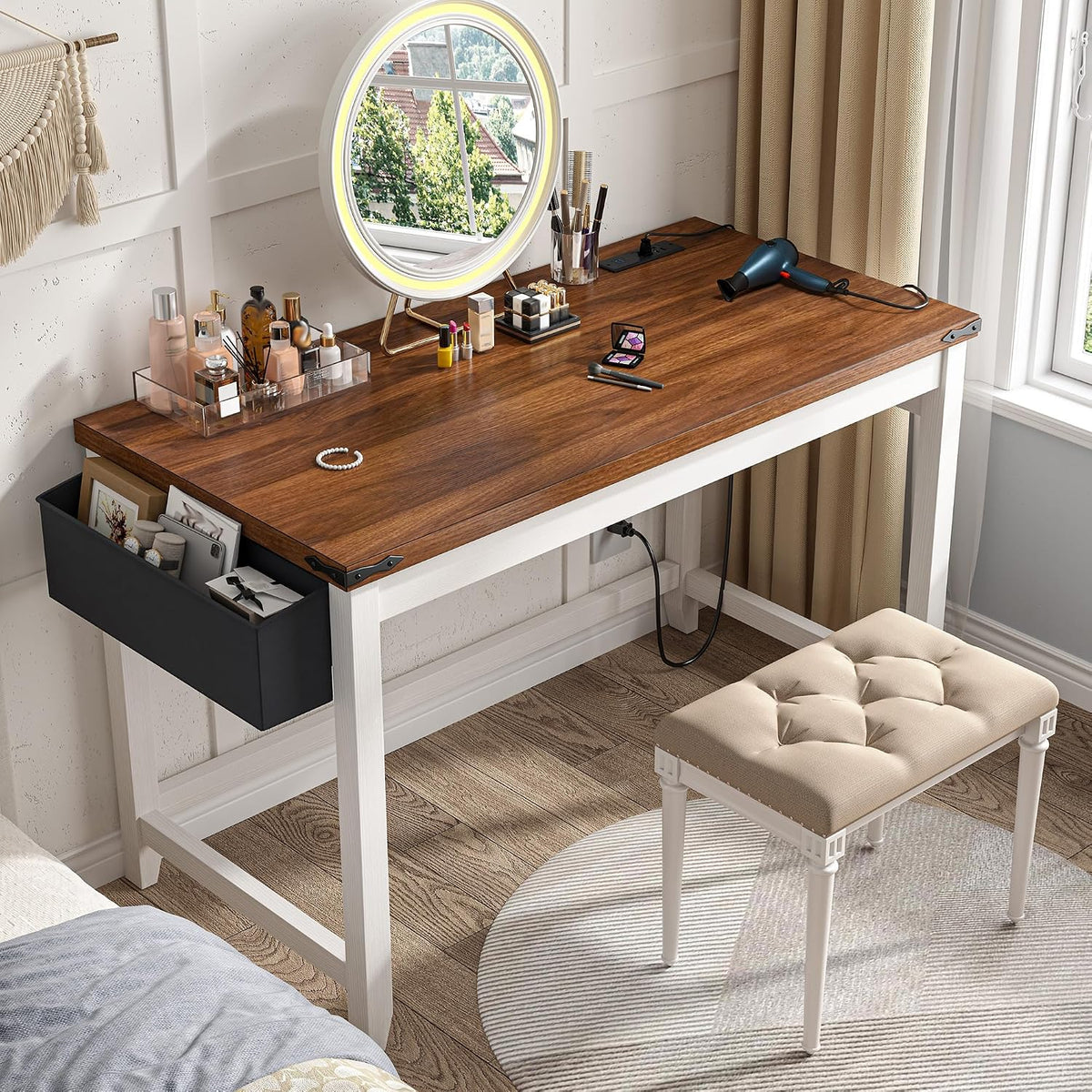 EnHomee 32"Farmhouse Writing Desk with Power Outlet,Storage Bag for Bedroom