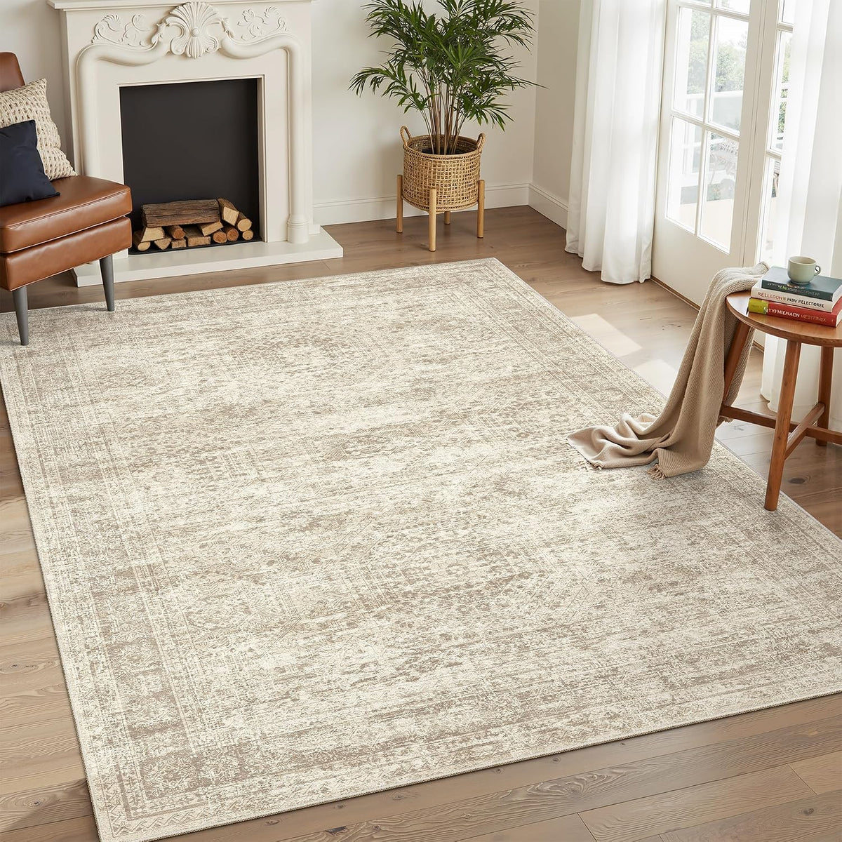 Soalmost 5x7 Area Rugs Beige Low Pile Washable Trendy Faded Style Rug