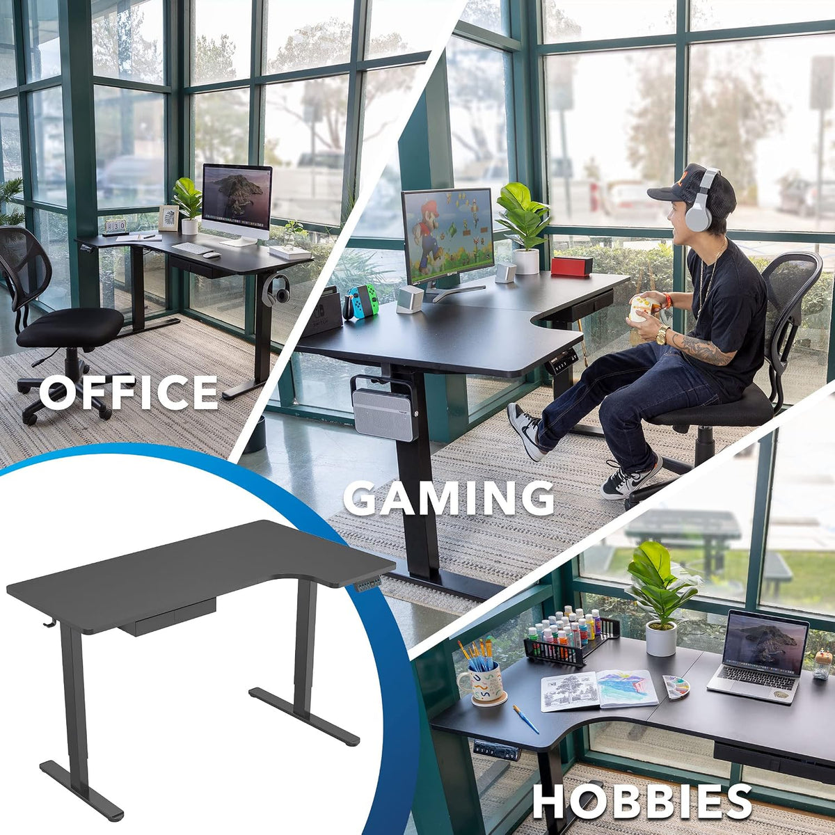 Mount-It! Standing Desk L Shape, Electric Height Adjustable Sit Stand Corner Workstation with Reversible Desktop, Steel Frame, Black