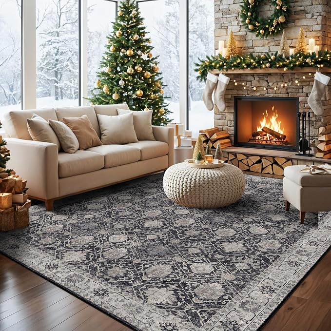 Washable 8x10 Living Room Rug: Vintage Low Pile Water Resistant Area Rug