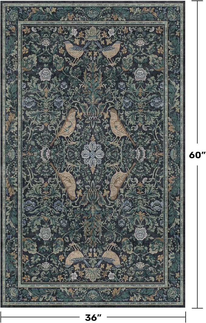 Vintage Large Entryway Rugs Indoor, 3x5 Washable Blue and Green Floral Rugs