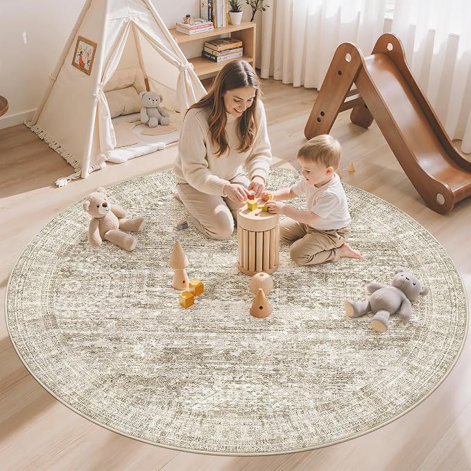 Soalmost 6x6 Brown Round Rug 6ft Living Room Circle Rug Vintage Round Area Rug