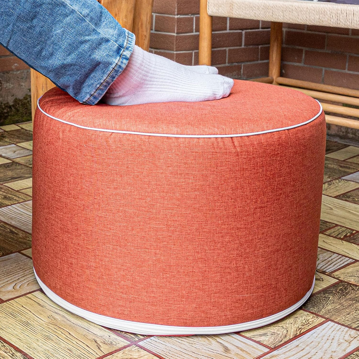 Outdoor Ottomans for Patio Pouf Waterproof Fade-Resistant Ottoman Foot Rest for Outdoor - Ottoman Chair Filled with High-Density All-in-One Foam, 20"D x 14"H Inches (Burnt Orange, Round)