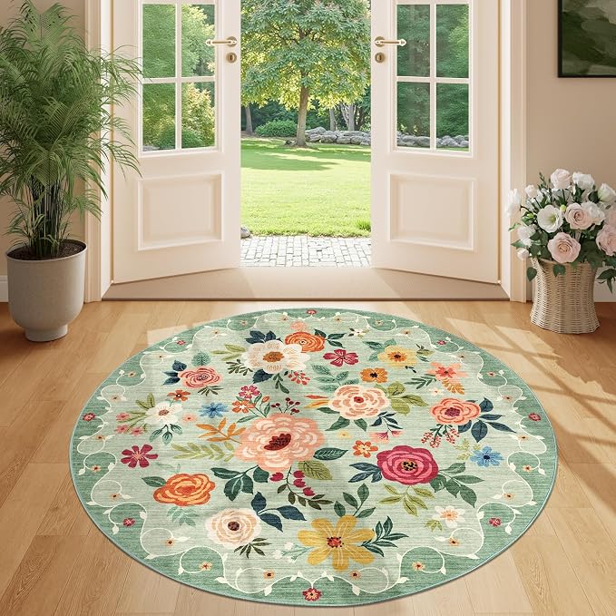 DUKINO Floral Round Rug, 4ft Washable Round Area Rug, Non Slip Indoor Low Pile