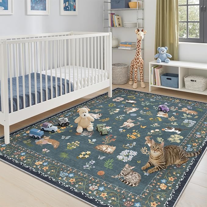 Soalmost Cat 5x7 Area Rugs for Living Room, Machine Washable Animal Floral