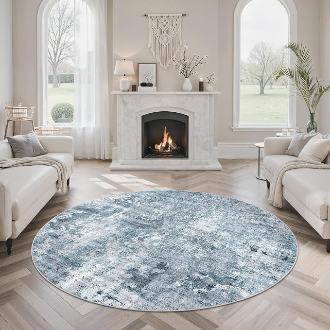 Soalmost 5x5 Blue/Grey Round Rug 5ft Living Room Circle Rug Vintage Round Area