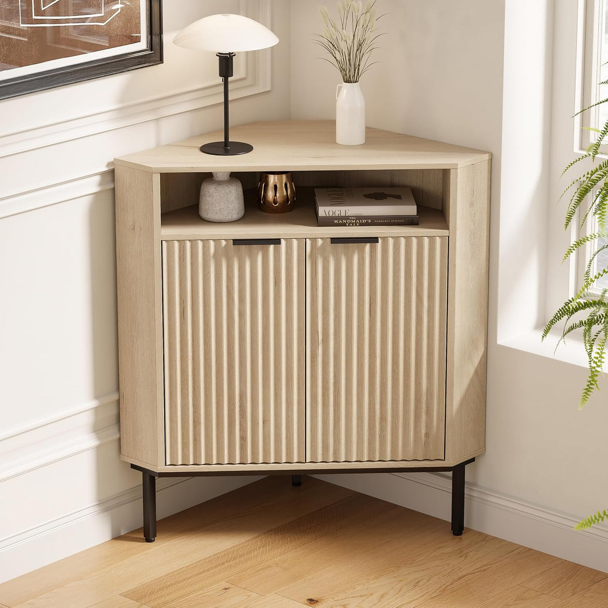 Fluted Corner Cabinet with Storage, Modern Floor Cabinets with Adjustable Shelf & Metal Legs Wooden Narrow Cabinet Organizer for Living Room Kitchen, Light Oak