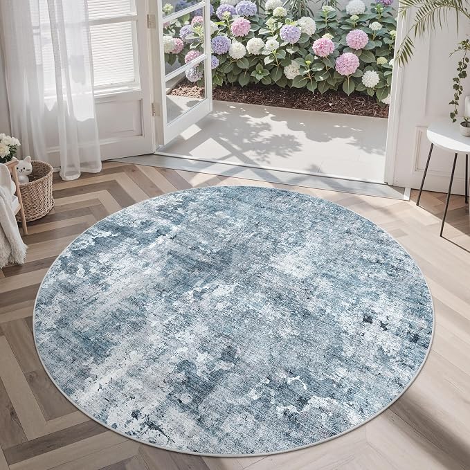 Soalmost 5x5 Blue/Grey Round Rug 5ft Living Room Circle Rug Vintage Round Area