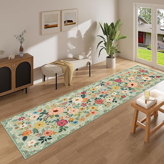 DUKINO 2x14 Runner Rug, Floral Long Washable Boho Kitchen Runner Rug