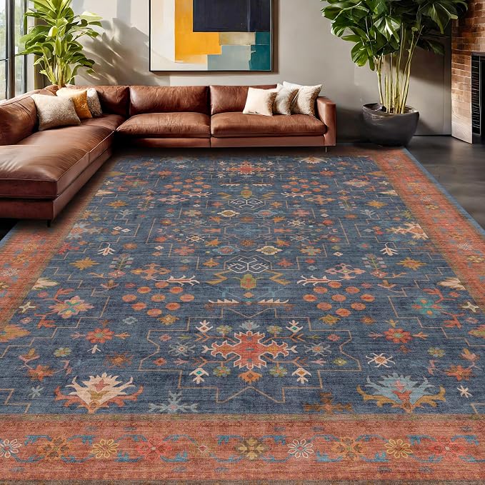Boho Navy Blue 10x12 Area Rug for Living Room, Extra Large Dining Room Rugs for