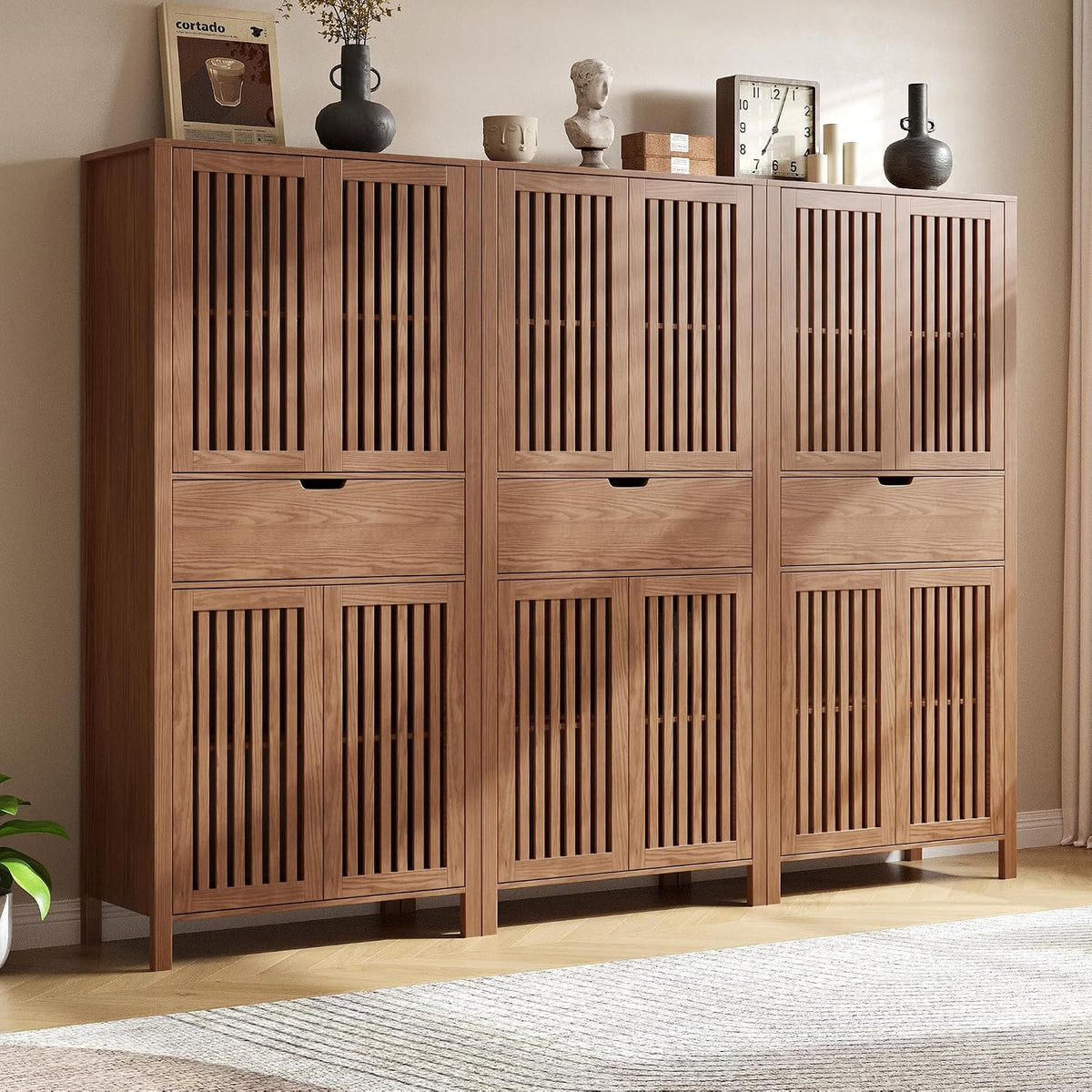 BVIUNTWO Set of 3 Rustic Brown 69" Tall Farmhouse Storage Cabinet with Drawer & Adjustable Shelves, Grille Door Organizer Unit, Anti-Tip Design for Bathroom,Kitchen,Living Room