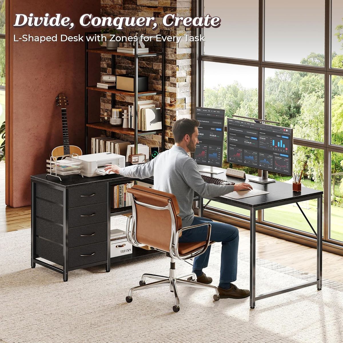 PRAISUN 53" L Shaped Desk with Power Outlets & 4 Drawers