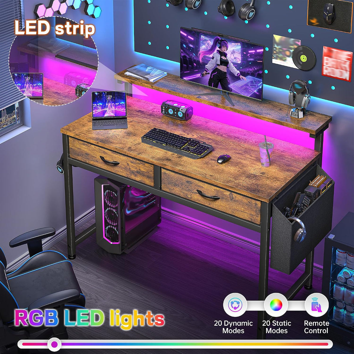 DurayLoly Gaming Desk with 2 Drawers &LED Lights,Space Saving,Rustic Brown