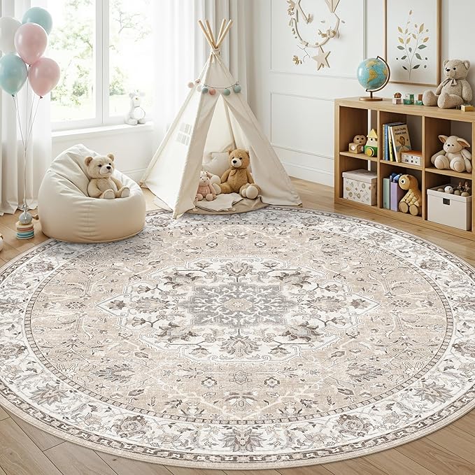 7x7 Living Room Area Rug: Washable Oriental Printed Soft Round Rug