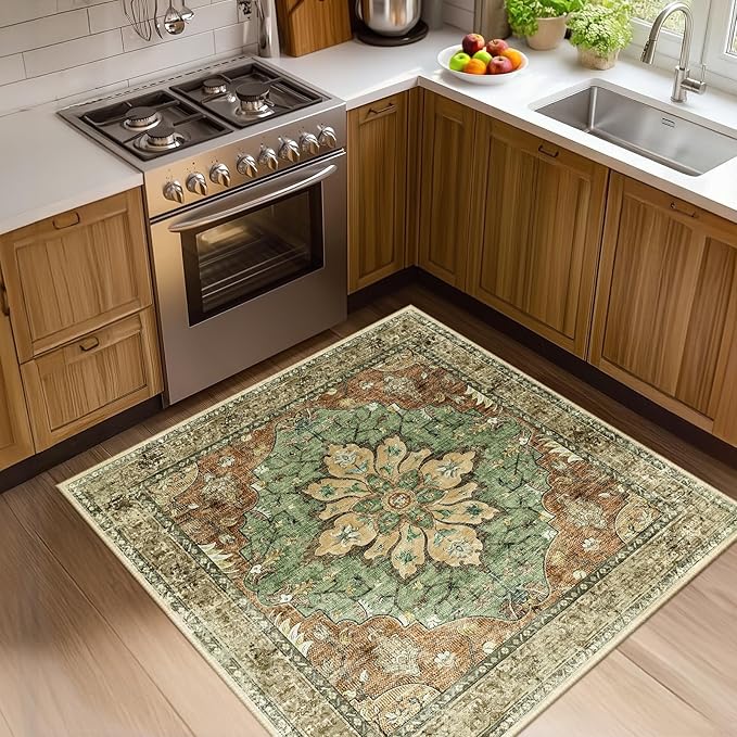RELEANY Area Rugs Square 4ft Washable Non-Slip, Floral Vintage Distress