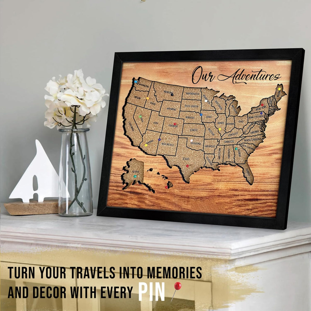 flinelife Cork Board Usa Travel Map With Pins, 13x11, Medium Size, Map of United States, Perfect For Couples and Families Gift