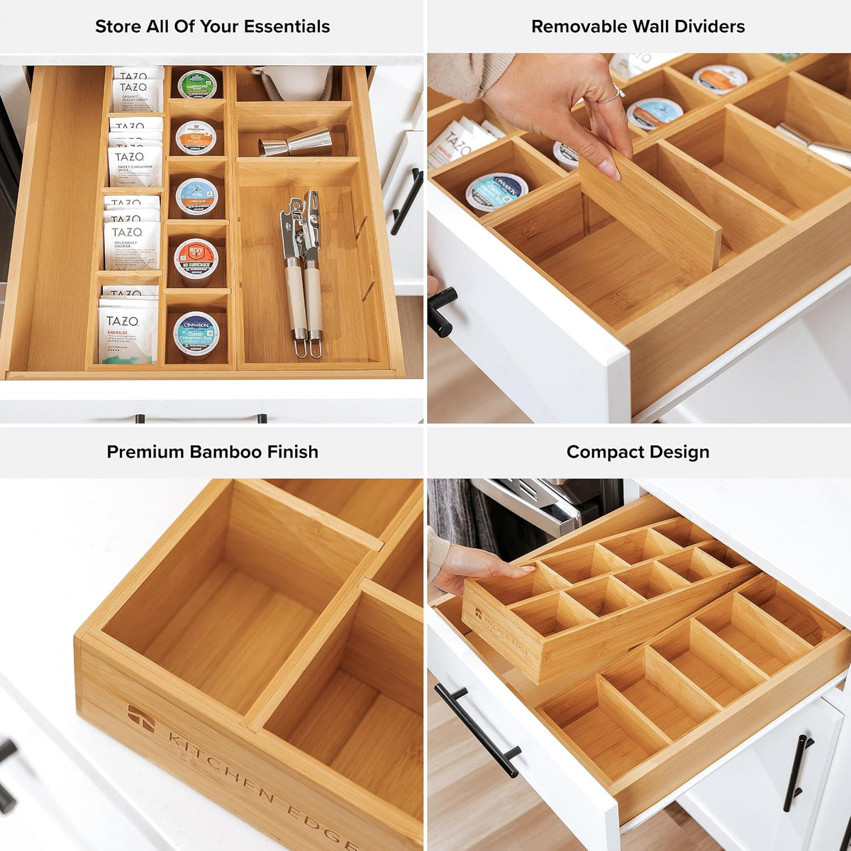 KitchenEdge Utensil & Tea Bag Drawer Organizer, Bamboo