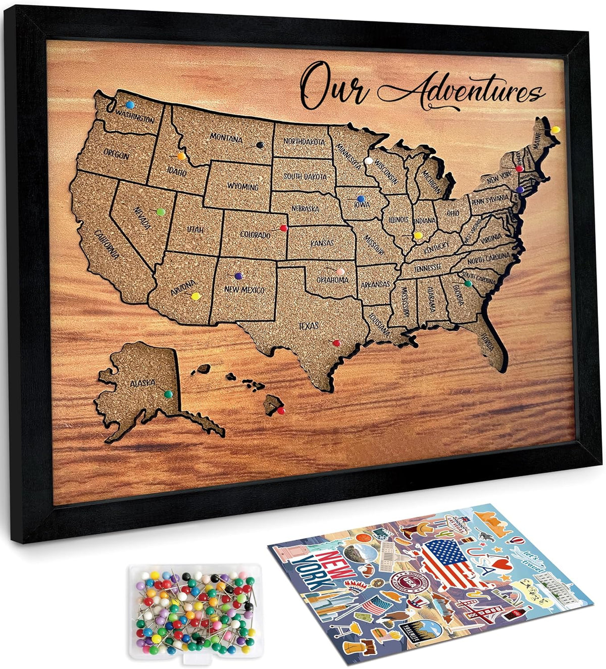 flinelife Cork Board Usa Travel Map With Pins, 13x11, Medium Size, Map of United States, Perfect For Couples and Families Gift