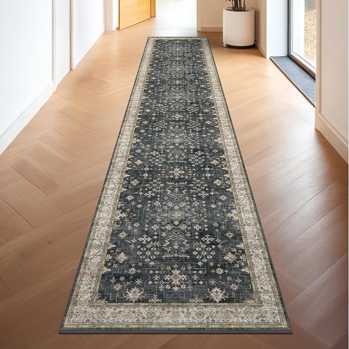 Hazo Haus Black Boho Washable 3x10 Extra Long Hallway Runner Rug, Waterproof