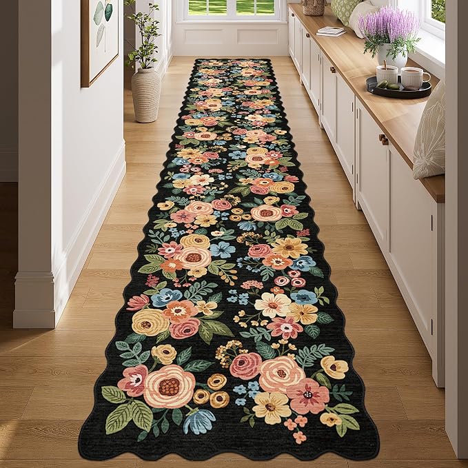 DUKINO 2.6x14 Runner Rug for Hallway, Non Slip Floral Washable Kitchen Rug