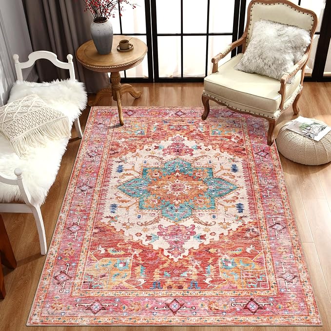 Yamaziot Washable Area Rug, 4x6 Non-Slip Boho Vintage Living Room Bedroom Rug