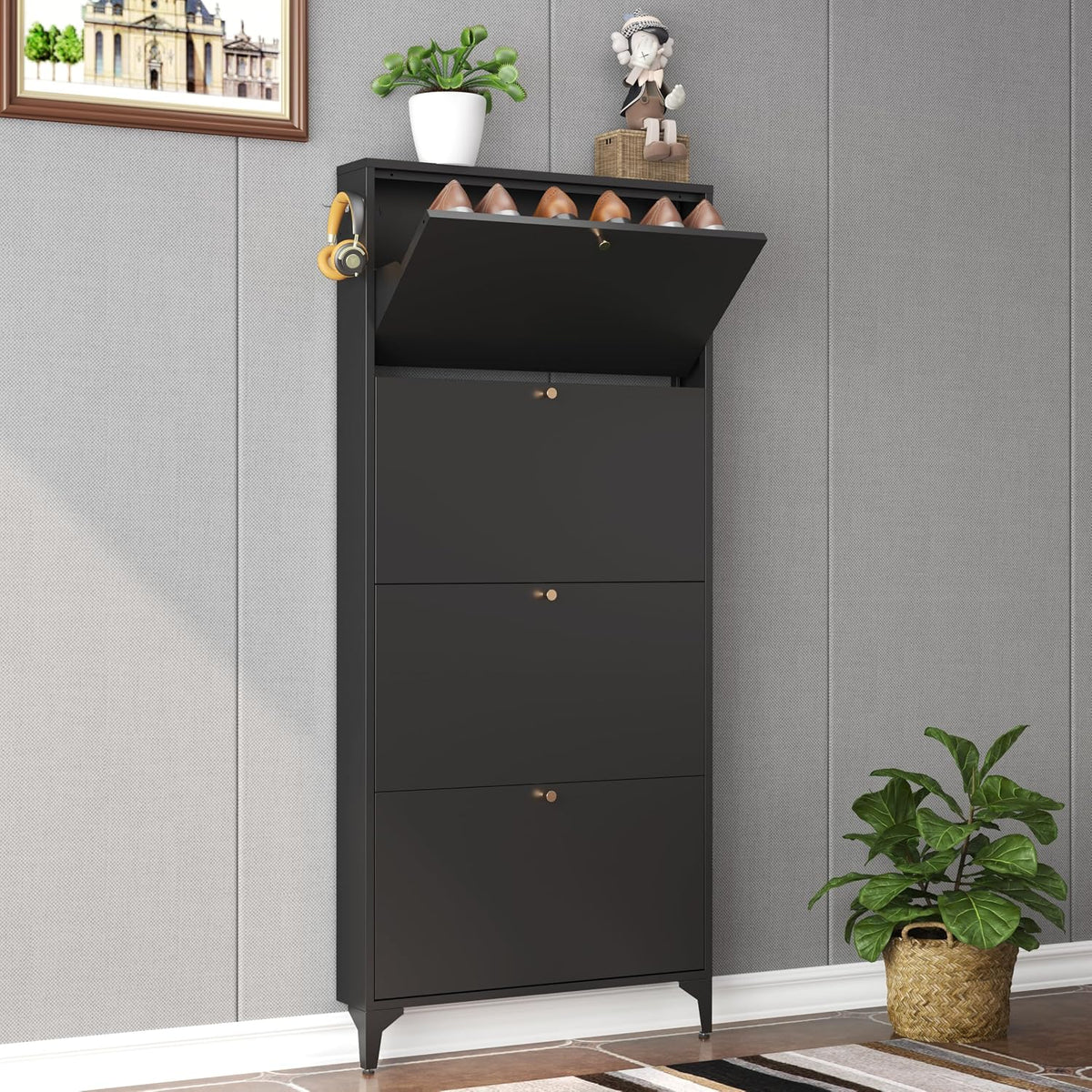 Shoe Cabinet with 4 Flip Drawers, Narrow Shoe Storage Cabinet, Farmhouse Shoe Organizer, Freestanding Organizer with Metal Legs for Entryway, Foyer (Black, 4 Door)