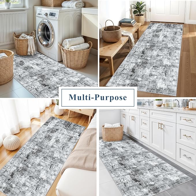 3x7 Washable Non-Slip Kitchen Runner Rug – Modern Abstract Neutral Beige & Gray
