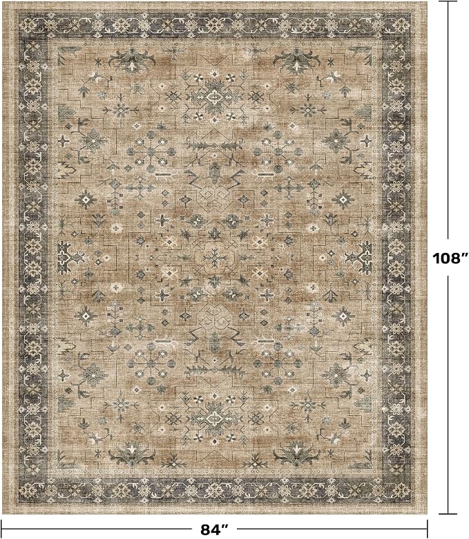 Natural Earthy 7x9 Area Rug for Living Room, Washable Bedroom Carpet, Oriental