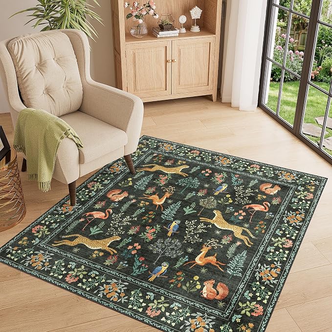 DUKINO 4x4 Square Area Rug for Entryway, Lightweight Animal Print Washable Rug