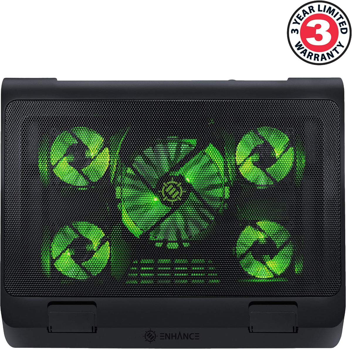 Enhance Gaming Laptop Cooling Pad Stand with LED Cooler Fans, Adjustable Height, & Dual USB Port for 17 inch Laptops - 5 Ultra Quiet High Performance Fans 2630 RPM & Built-in Bumpers - Green