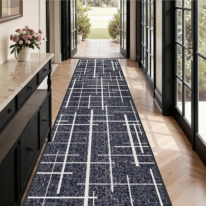 Non Slip Hallway Runner Rug 2.6x12, Modern Distressed Stripe, Washable Extra