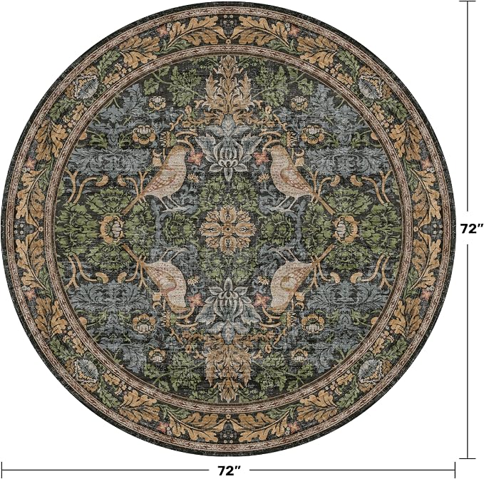 Washable Round Area Rugs 6ft for Living Room, Vintage Large Boho Floral Bird