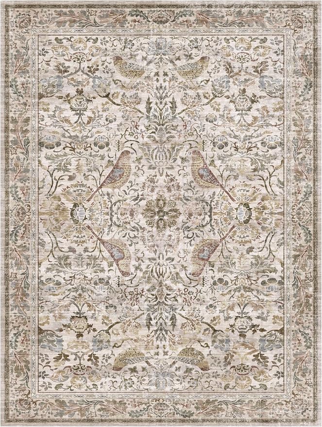 Washable 6x8 Floral Area Rug for Living Room, Boho Farmhouse Dining Room Rug