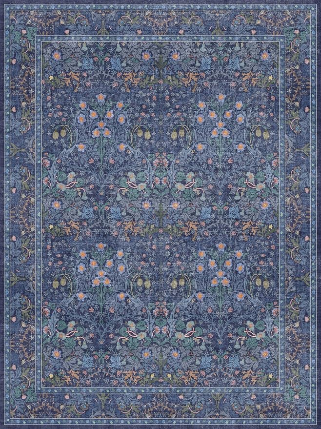 Washable Dark Blue Rug for Living Room